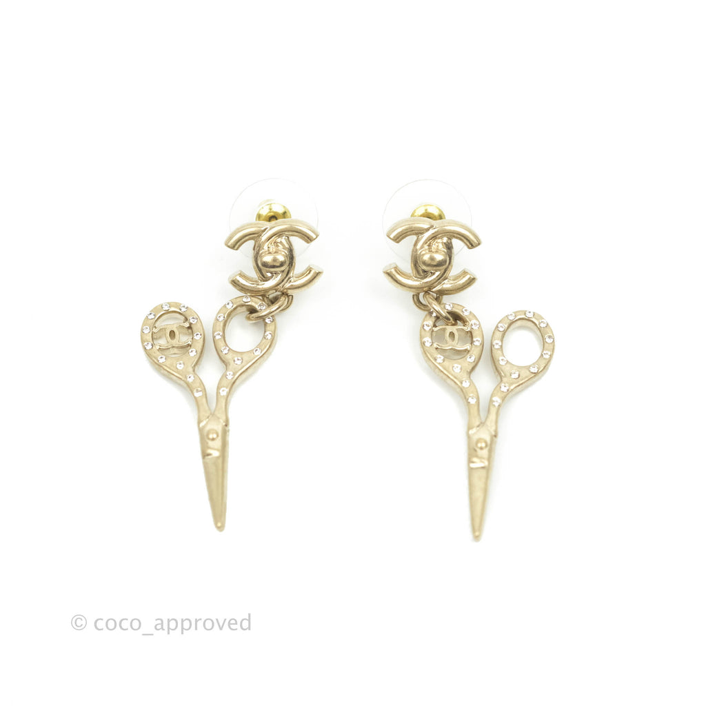 Chanel CC Lock Crystal Scissors Drop Earrings Aged Gold Tone 21V