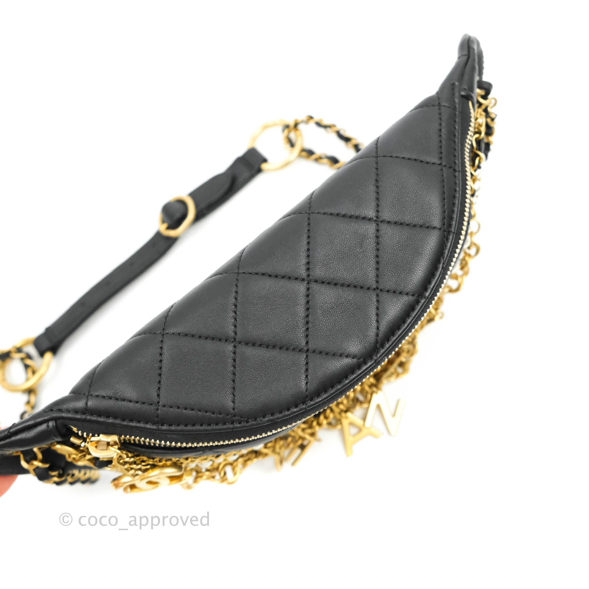 CHANEL Lambskin Quilted All About Chains Waist Belt Bag Black 393063
