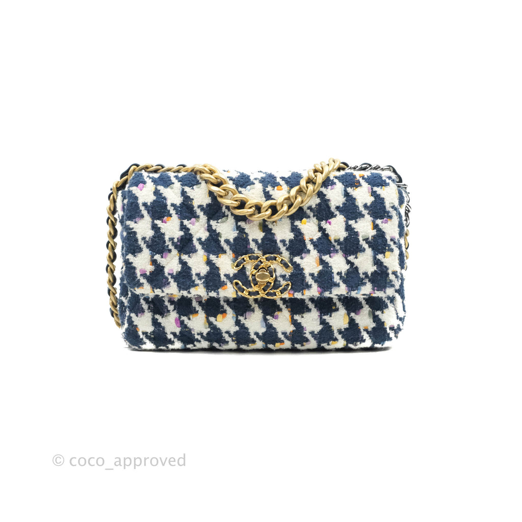 Chanel 19 Small Quilted Houndstooth Tweed Blue White Mixed Hardware