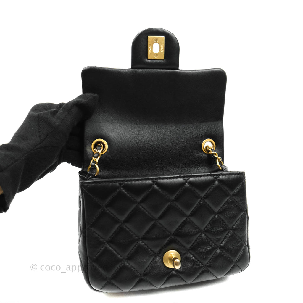 Chanel Mini Square Pearl Crush Quilted Black Lambskin Aged Gold Hardware