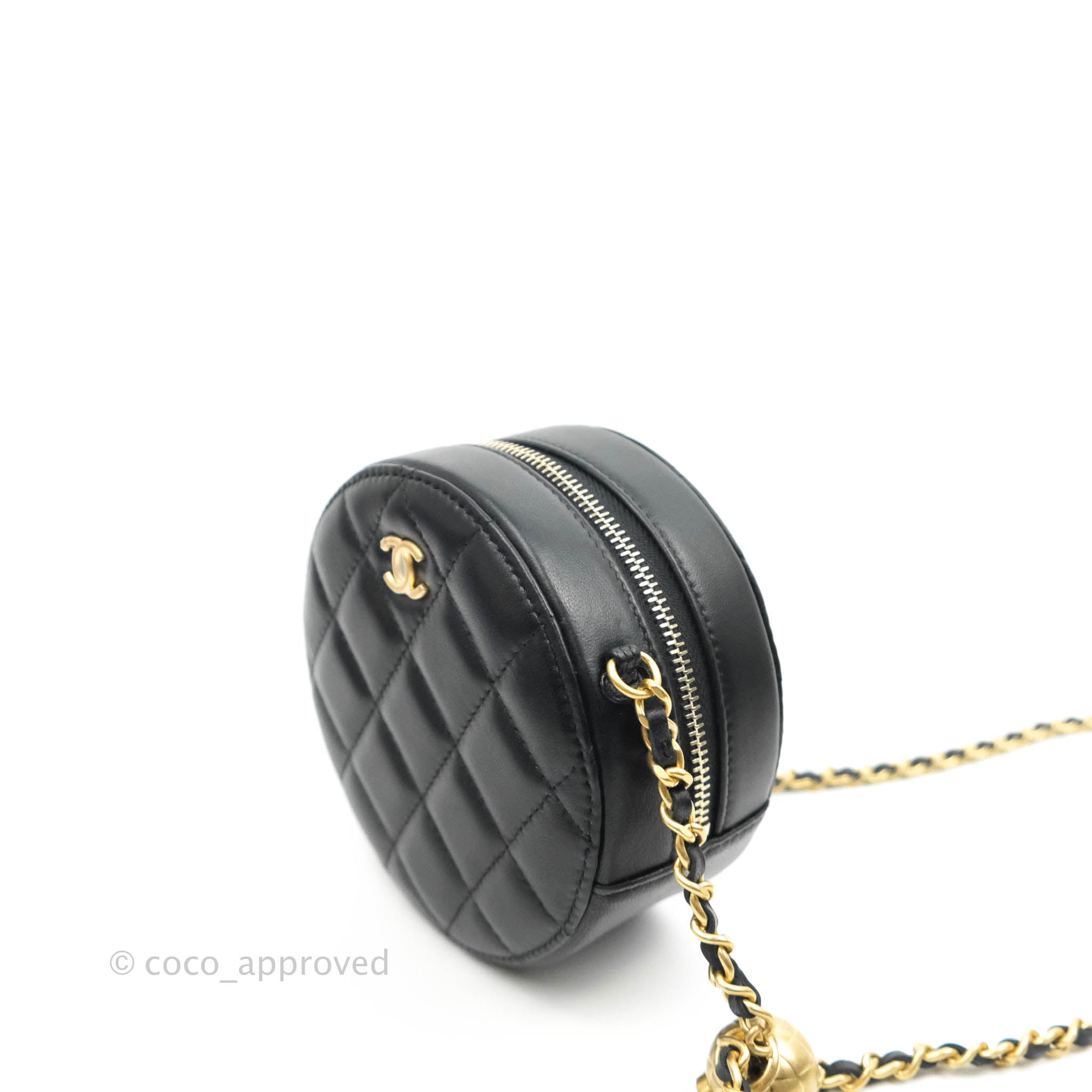Chanel Quilted Round Pearl Crush Clutch With Chain Black Lambskin