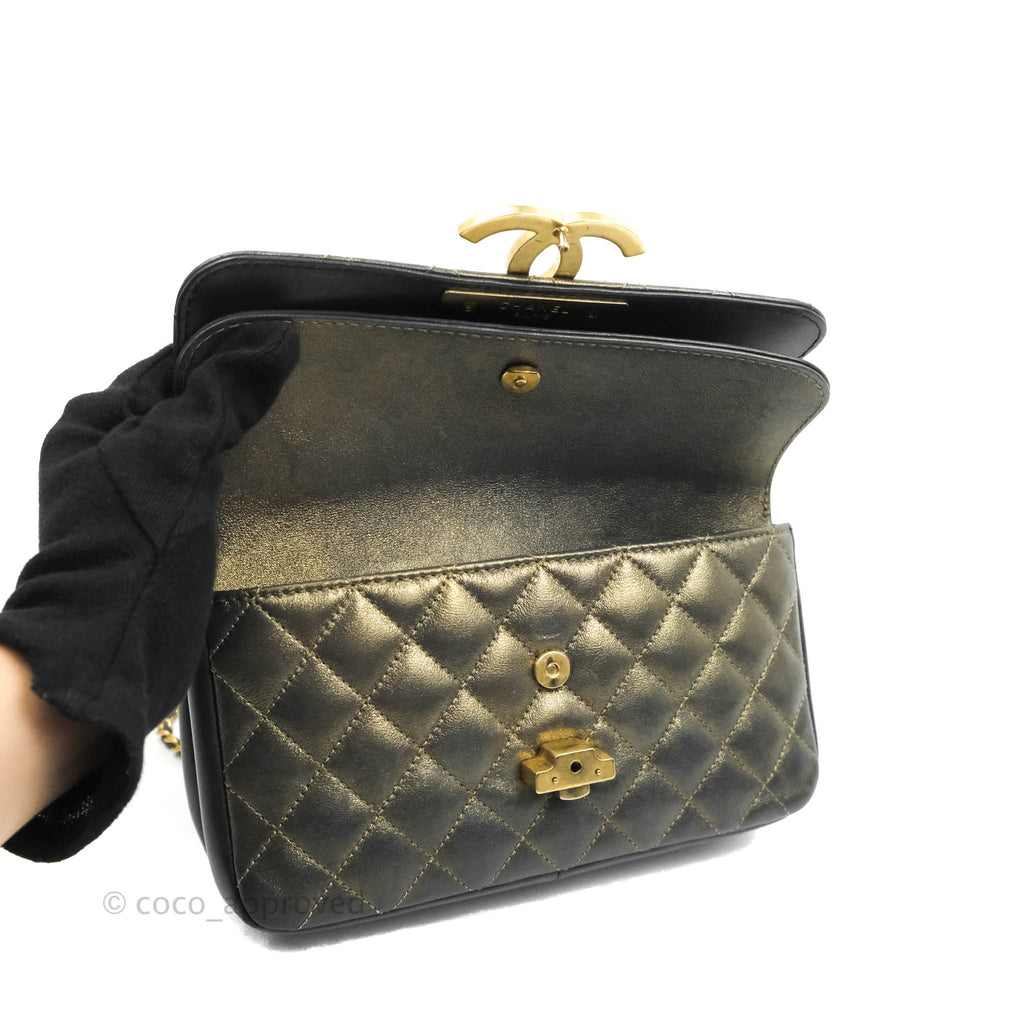 Chanel Small Enamel CC Flap Bag Quilted Iridescent Grey Lambskin Aged Gold Hardware