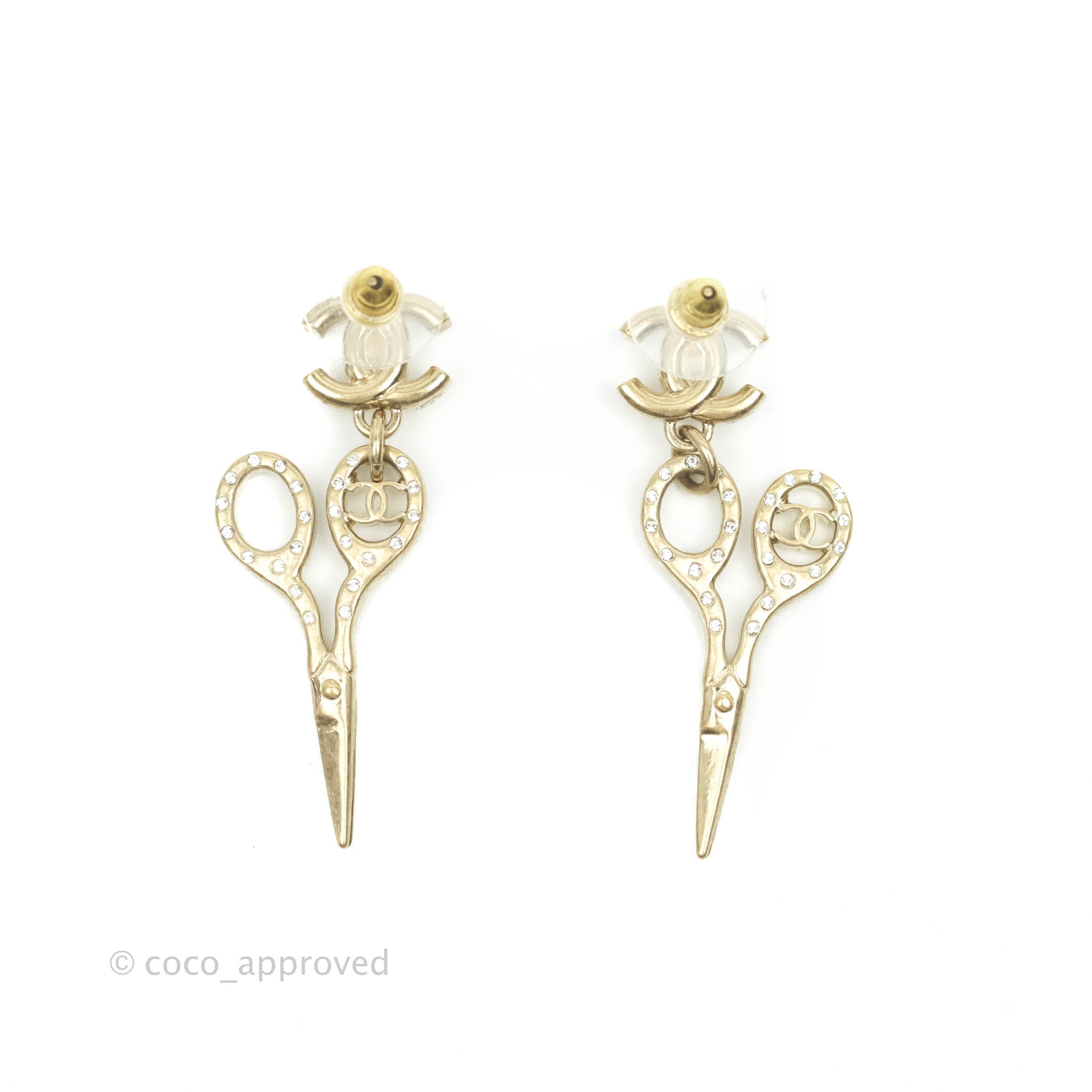 Chanel CC Lock Crystal Scissors Drop Earrings Aged Gold Tone 21V
