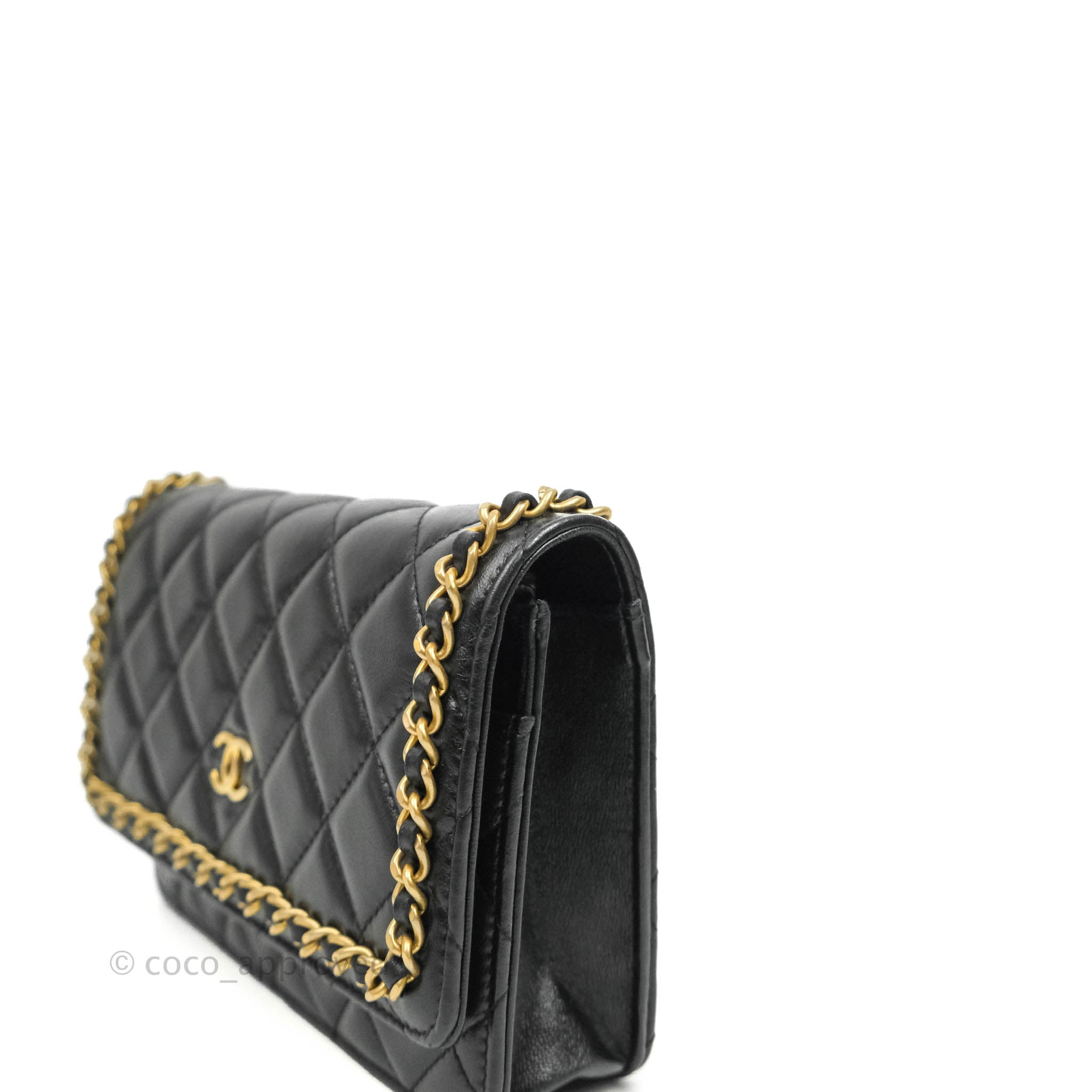 Chanel Vintage Black Quilted Full Flap Wallet On Chain Lambskin & COA