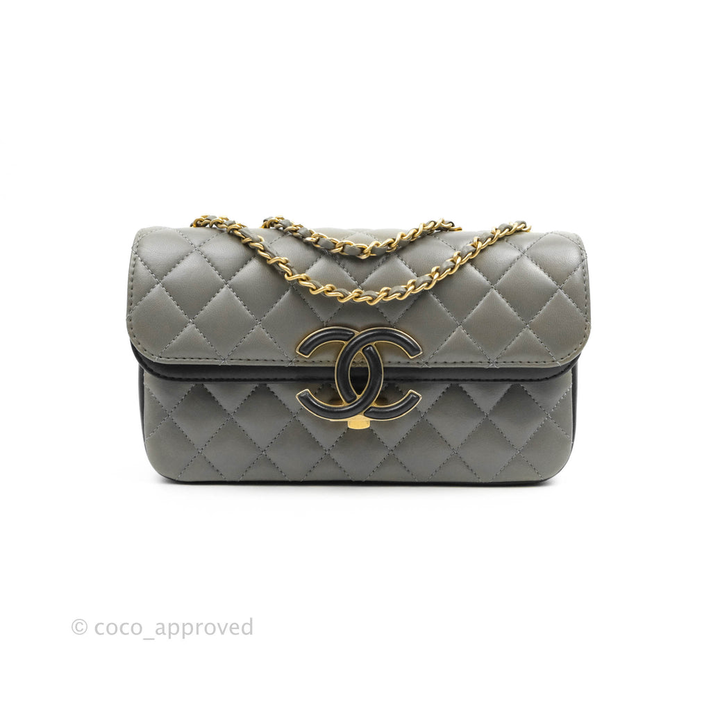 Chanel Small Enamel CC Flap Bag Quilted Grey & Dark Navy Lambskin Aged Gold Hardware