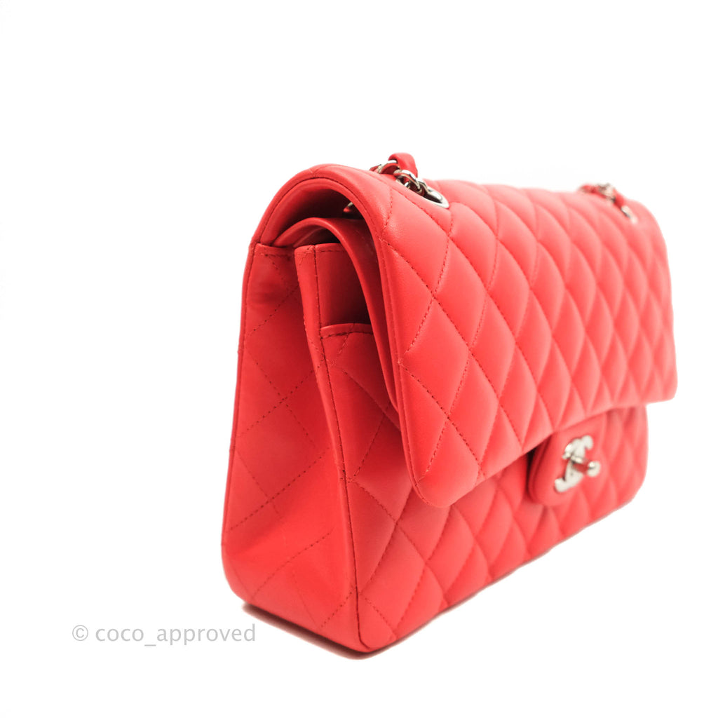 Chanel Classic M/L Medium Double Flap Orange Red Lambskin Silver Hardware