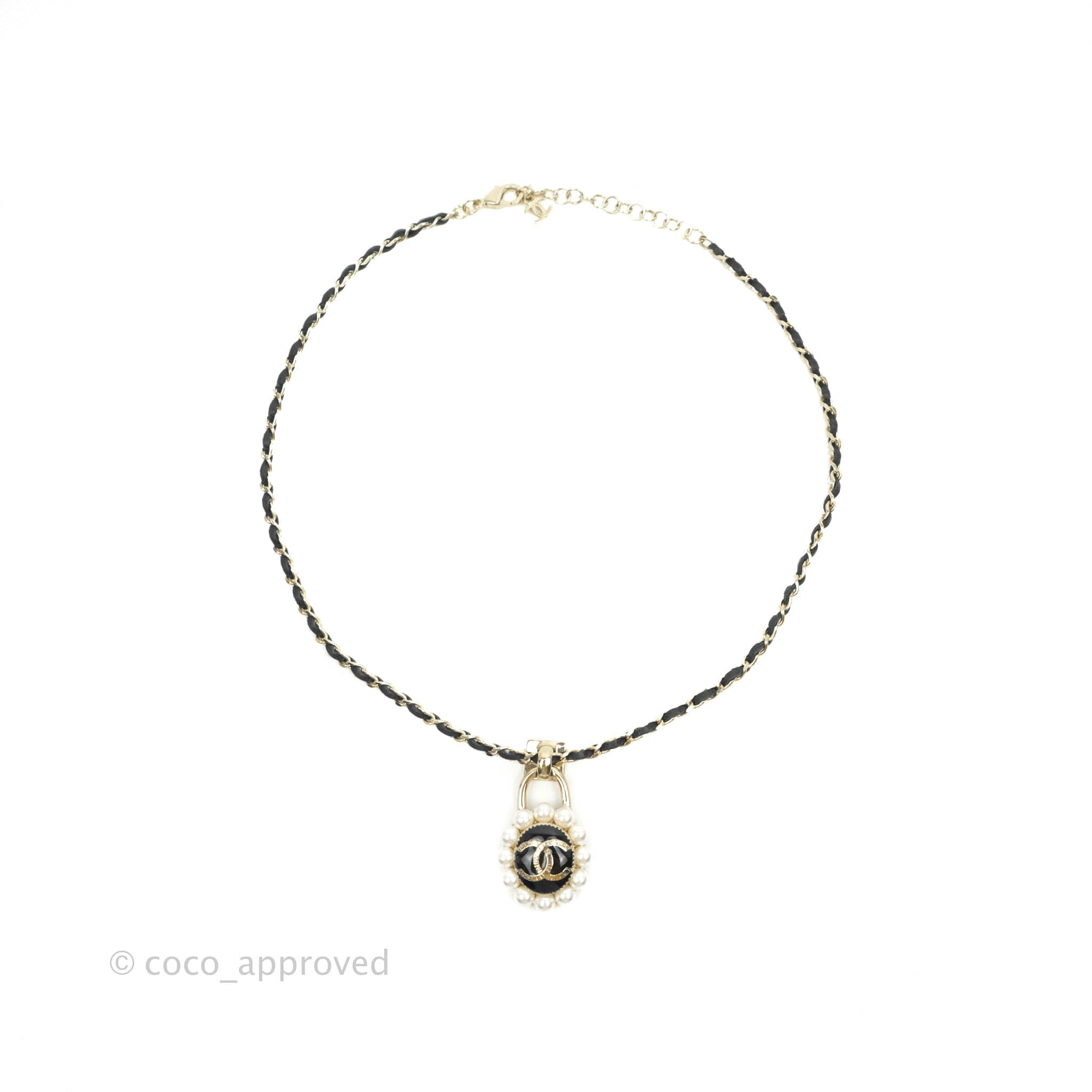 Chanel Necklace Choker Pearl Pendant Light Gold With Leather 21A