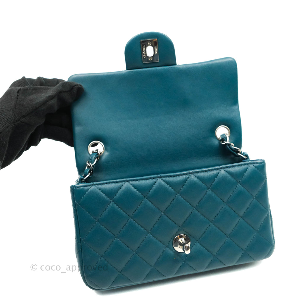Chanel Classic Mini Rectangular Flap Teal Lambskin Silver Hardware