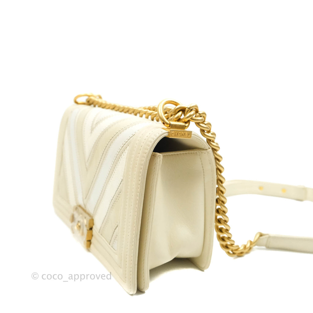 Chanel Medium Chevron Boy Light Beige Calfskin Caviar Aged Gold Hardware