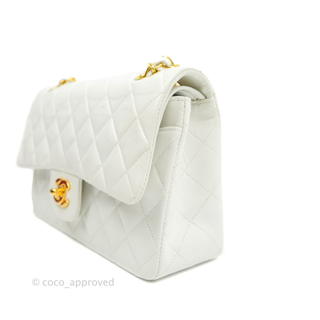 Vintage Chanel Small Classic Double Flap White Lambskin Gold Hardware