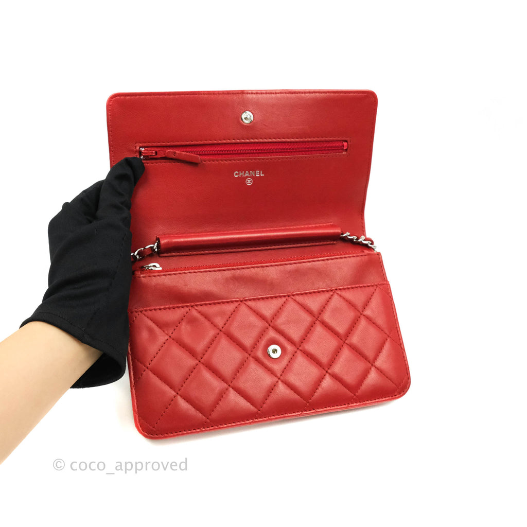 Chanel Quilted Wallet on Chain WOC Red Lambskin Silver Hardware