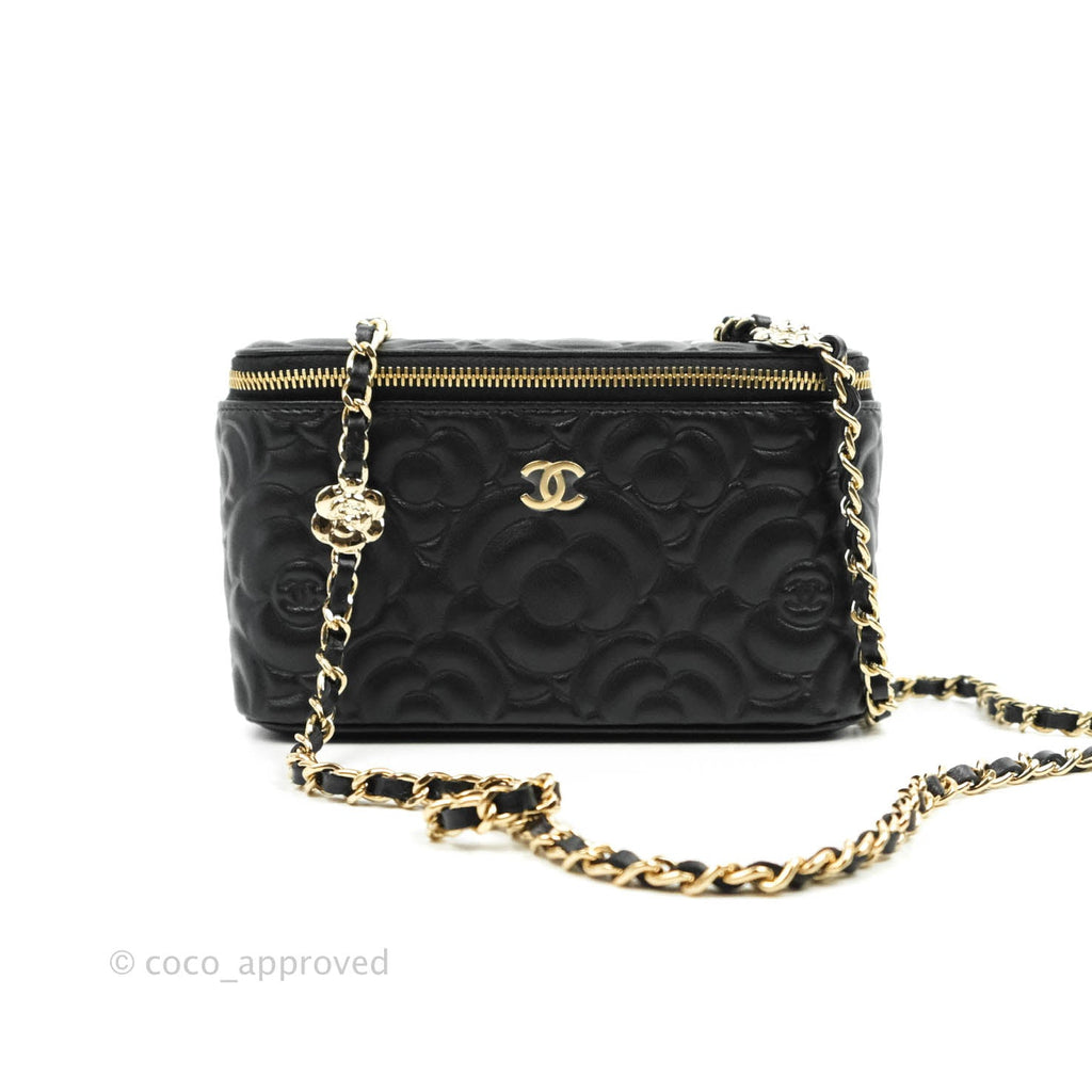 Chanel Vanity Rectangular Camellia Embossed Black Lambskin Gold Hardware