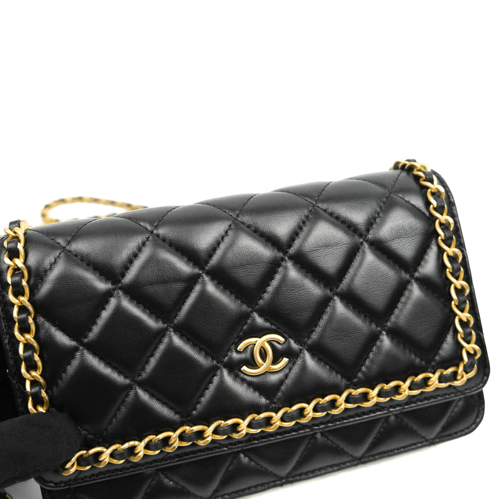 Chanel Quilted Wallet on Chain WOC Chain Around Black Lambskin Aged Gold Hardware