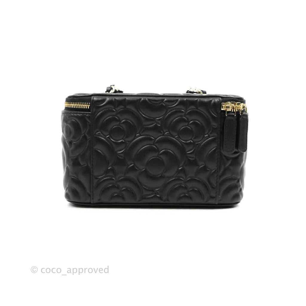 Chanel Vanity Rectangular Camellia Embossed Black Lambskin Gold Hardware