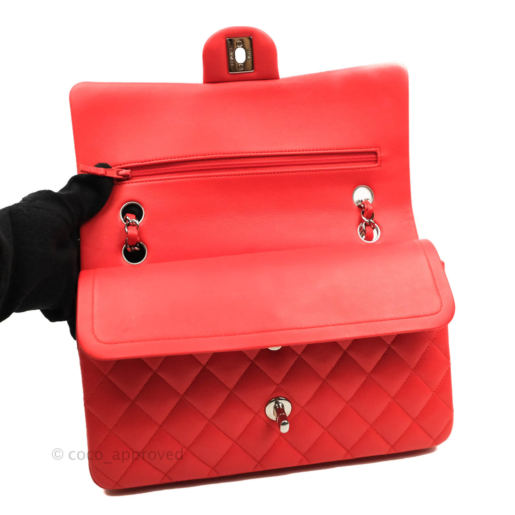 Chanel Classic M/L Medium Double Flap Orange Red Lambskin Silver Hardware