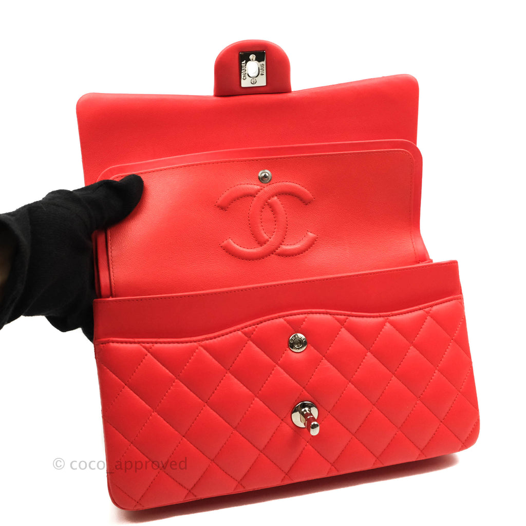 Chanel Classic M/L Medium Double Flap Orange Red Lambskin Silver Hardware