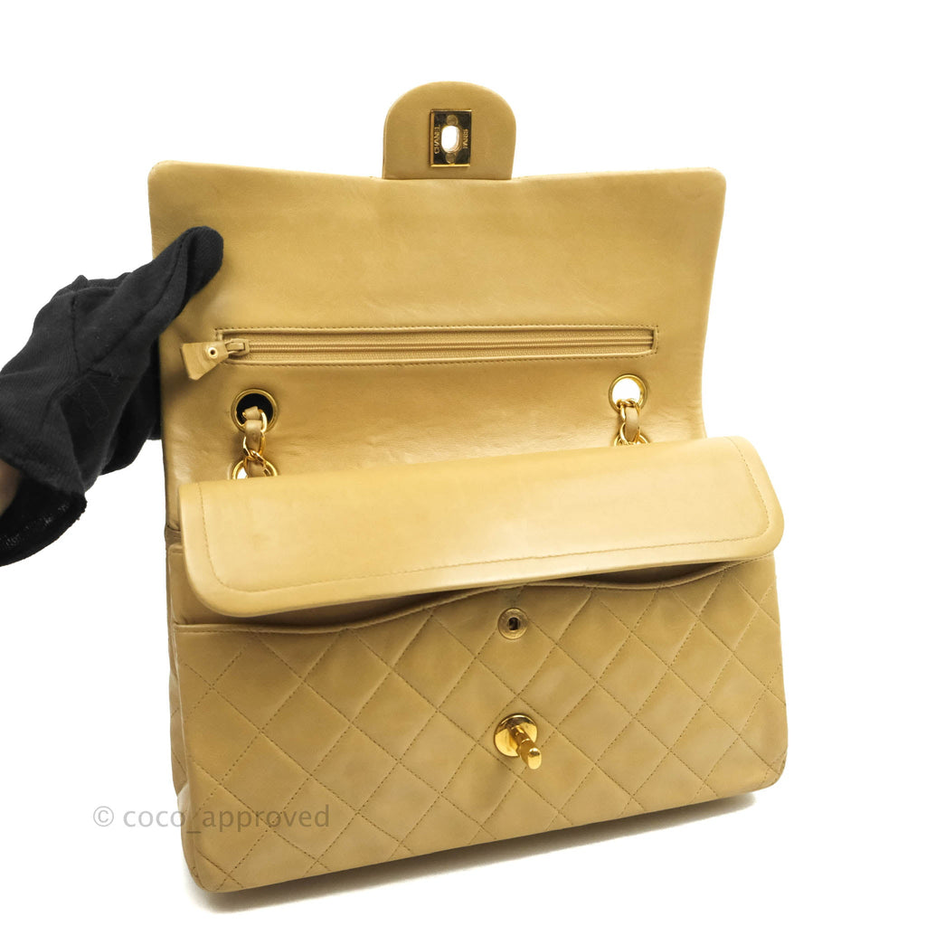 Chanel Vintage Classic M/L Medium Double Flap Bag Beige Lambskin 24K Gold Hardware