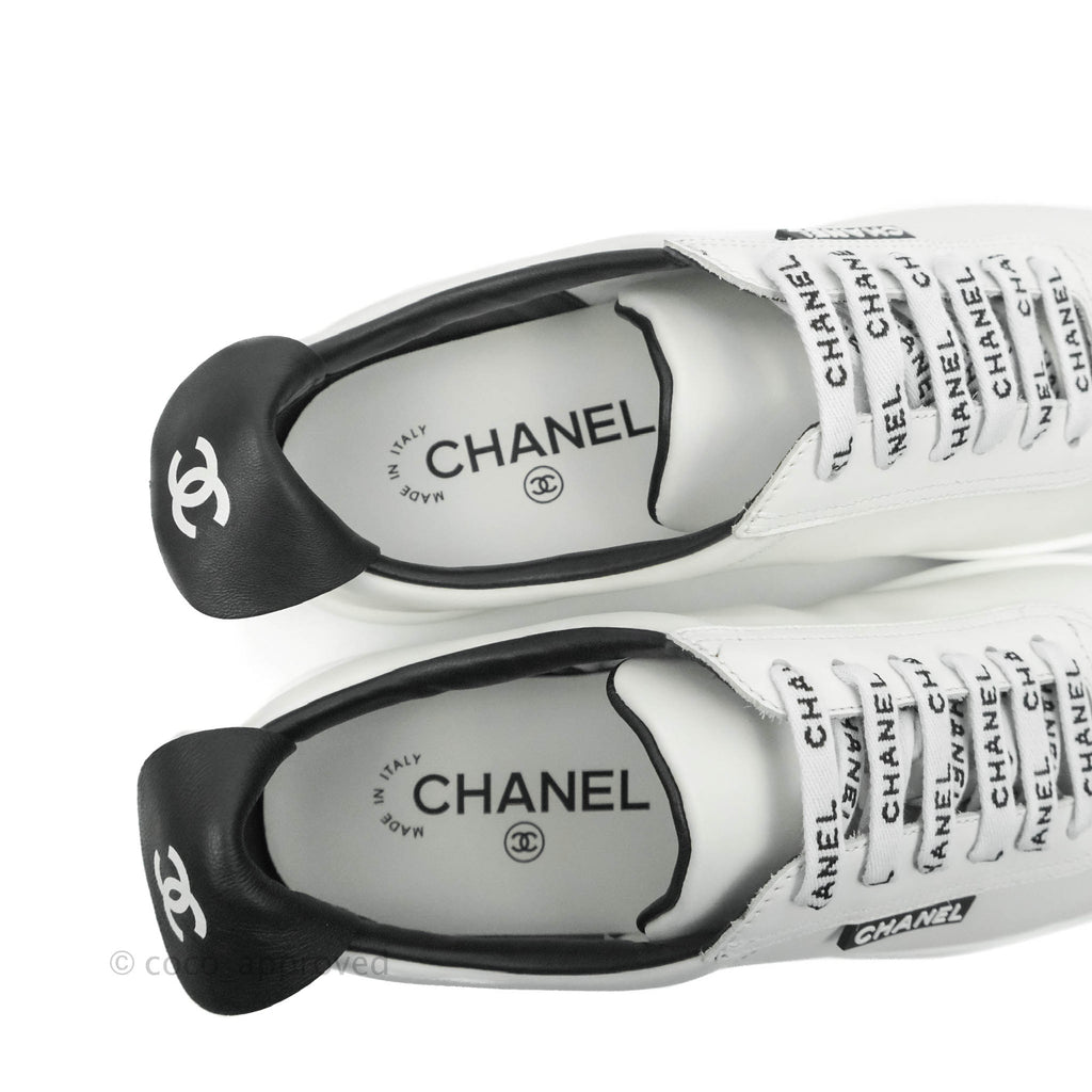 Chanel Logo Pull Tab Lace-up Sneakers White & Black Size 37.5