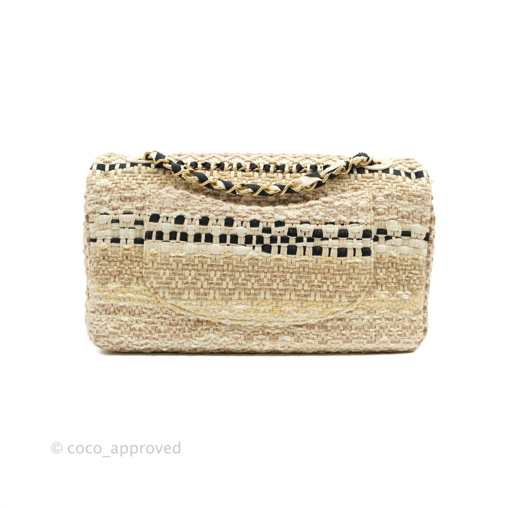 Chanel Classic M/L Medium Double Flap Beige Tweed Chain Braid Aged Gold Hardware 19P