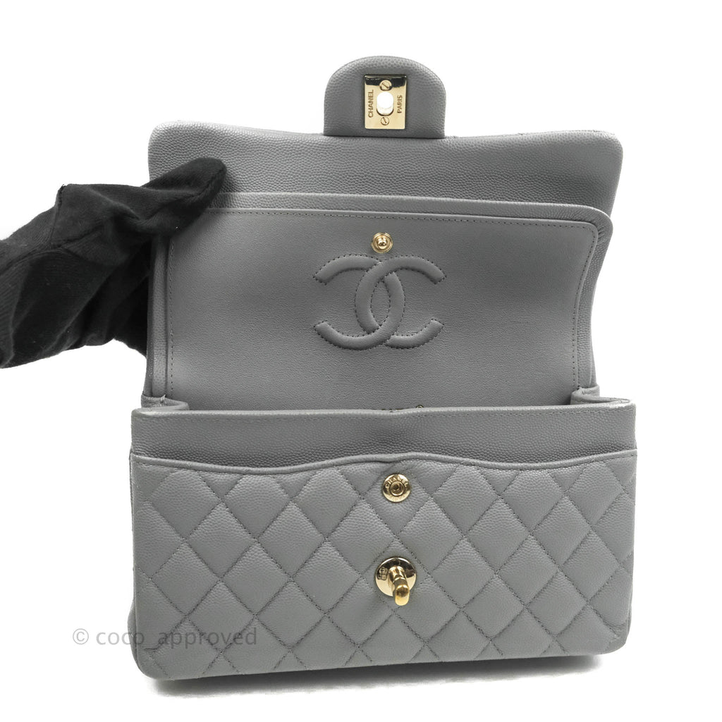 Chanel Small Classic Quilted Flap Grey Caviar Gold Hardware 20C