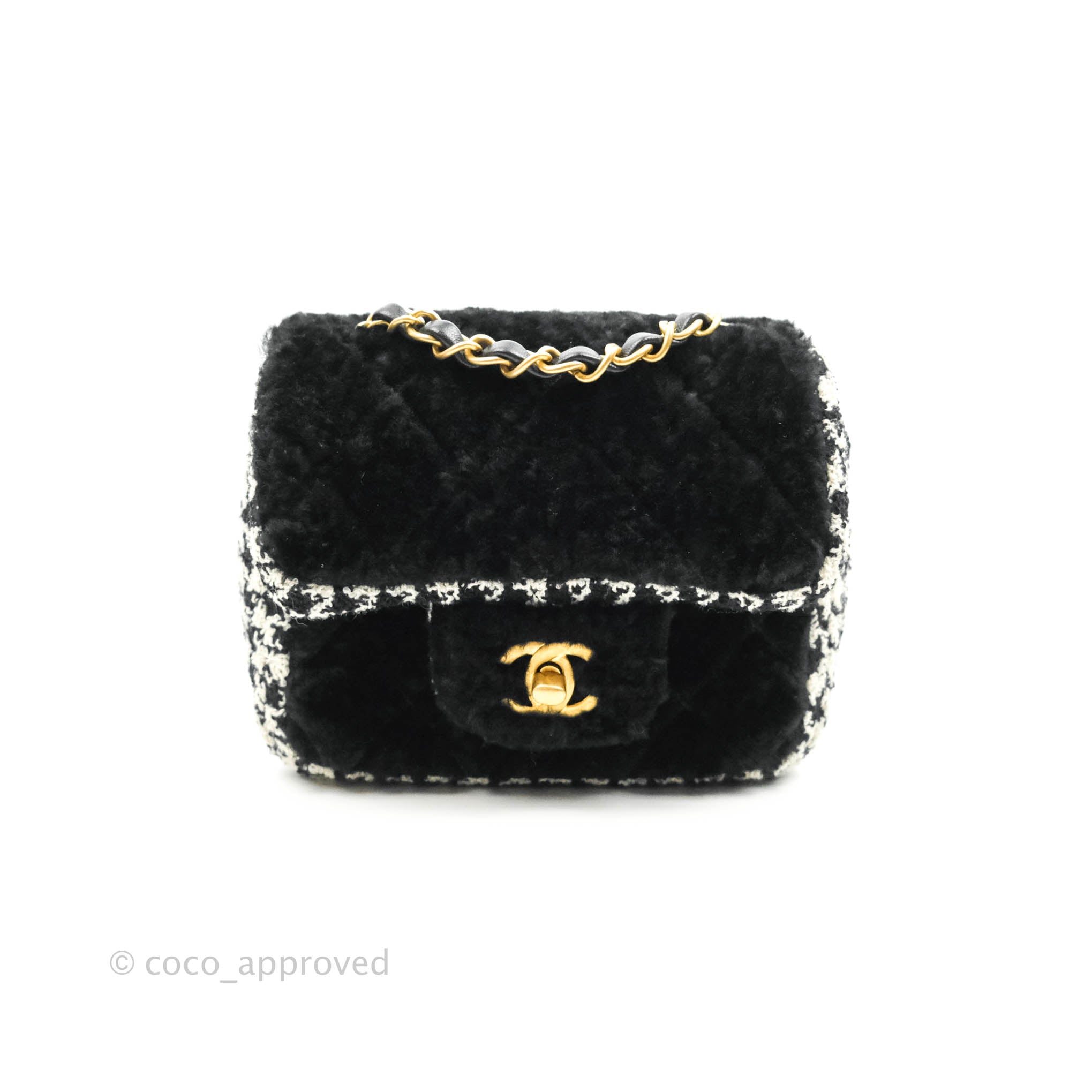 Chanel Mini Square Flap Shearling & Tweed Black & White Aged Gold Hardware  20A