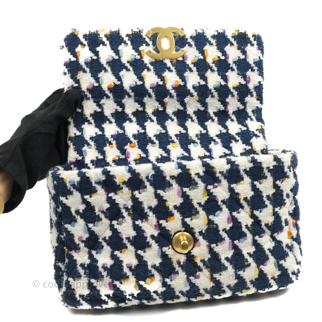 Chanel 19 Small Quilted Houndstooth Tweed Blue White Mixed Hardware