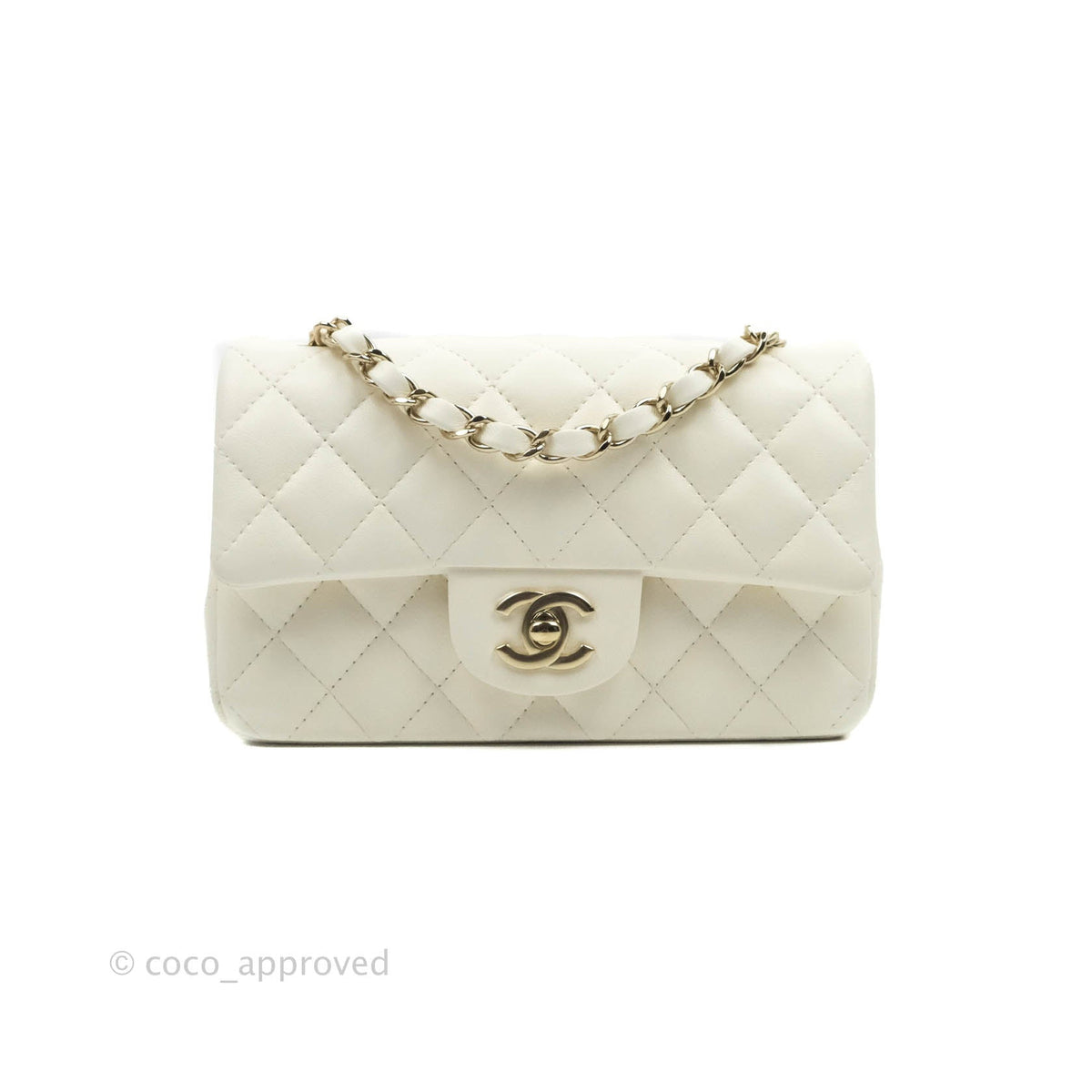 Chanel Classic Mini Rectangular, White Lambskin Leather with Gold Hardware,  Preowned in Box WA001