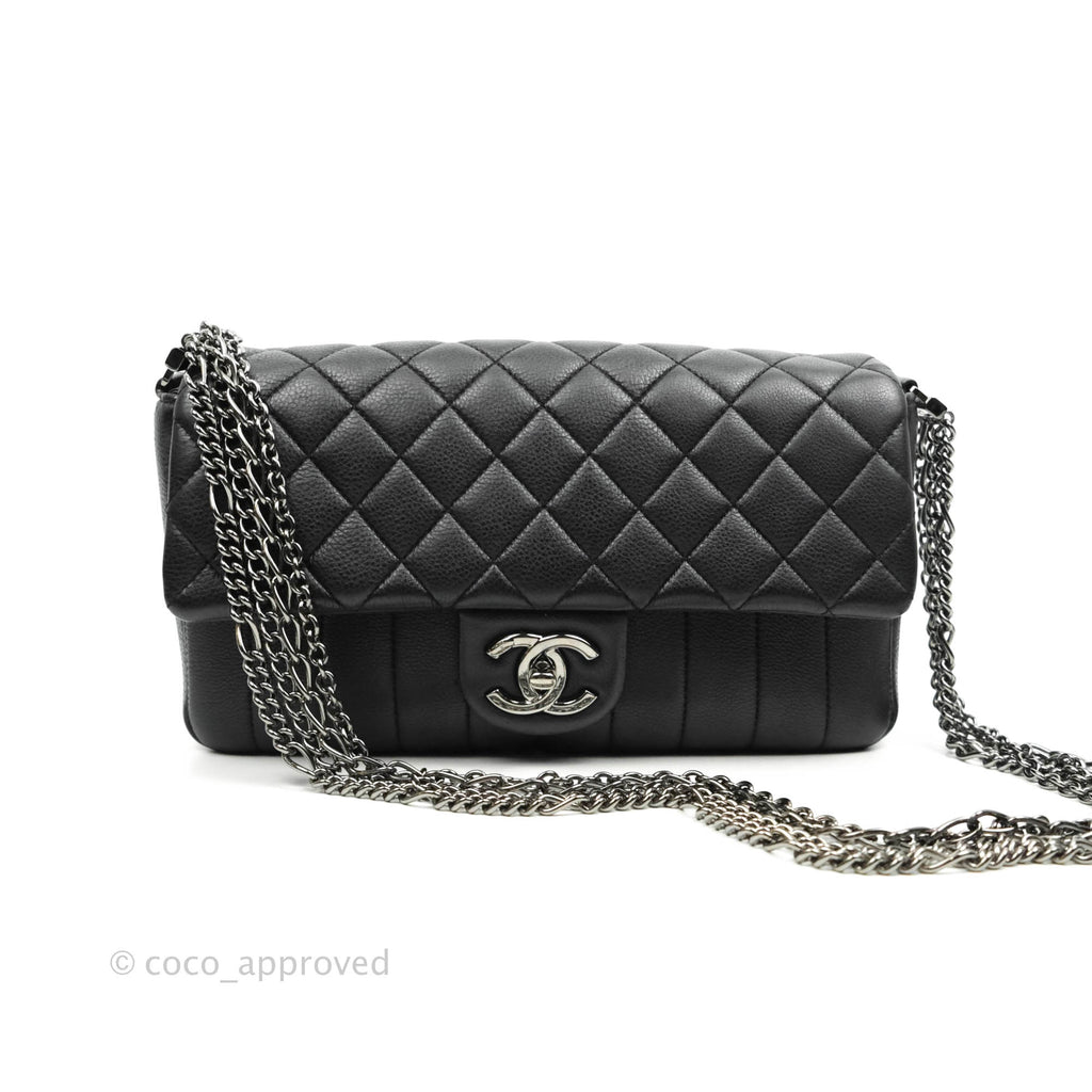 Chanel Quilted & Chevron Flap Bag Black Calfskin Gun Metal Chains Strap