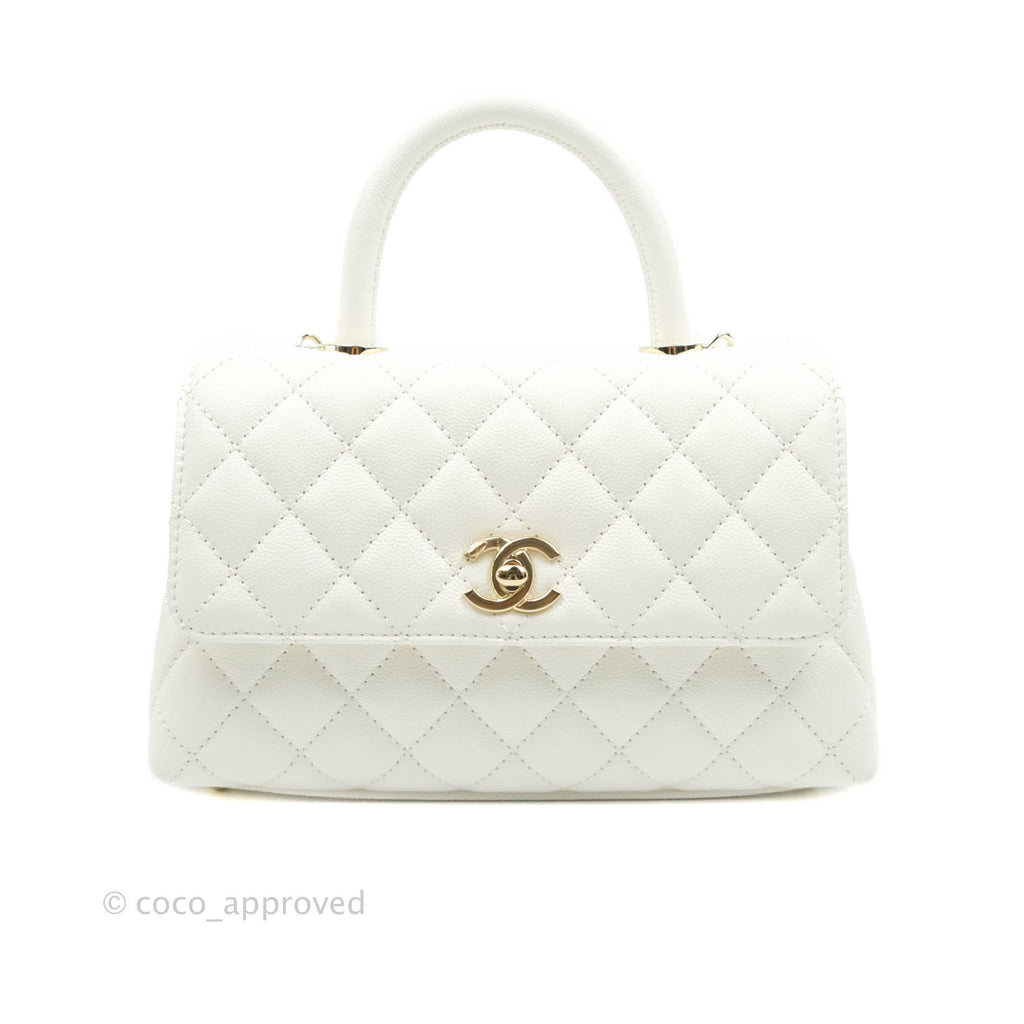 Chanel Mini (Small) Coco Handle Quilted White Caviar Gold Hardware