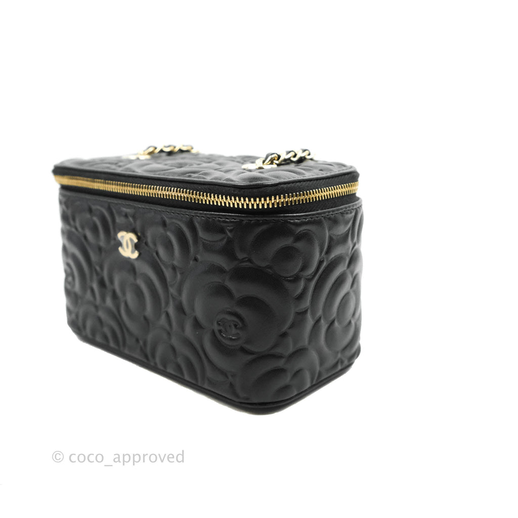 Chanel Vanity Rectangular Camellia Embossed Black Lambskin Gold Hardware