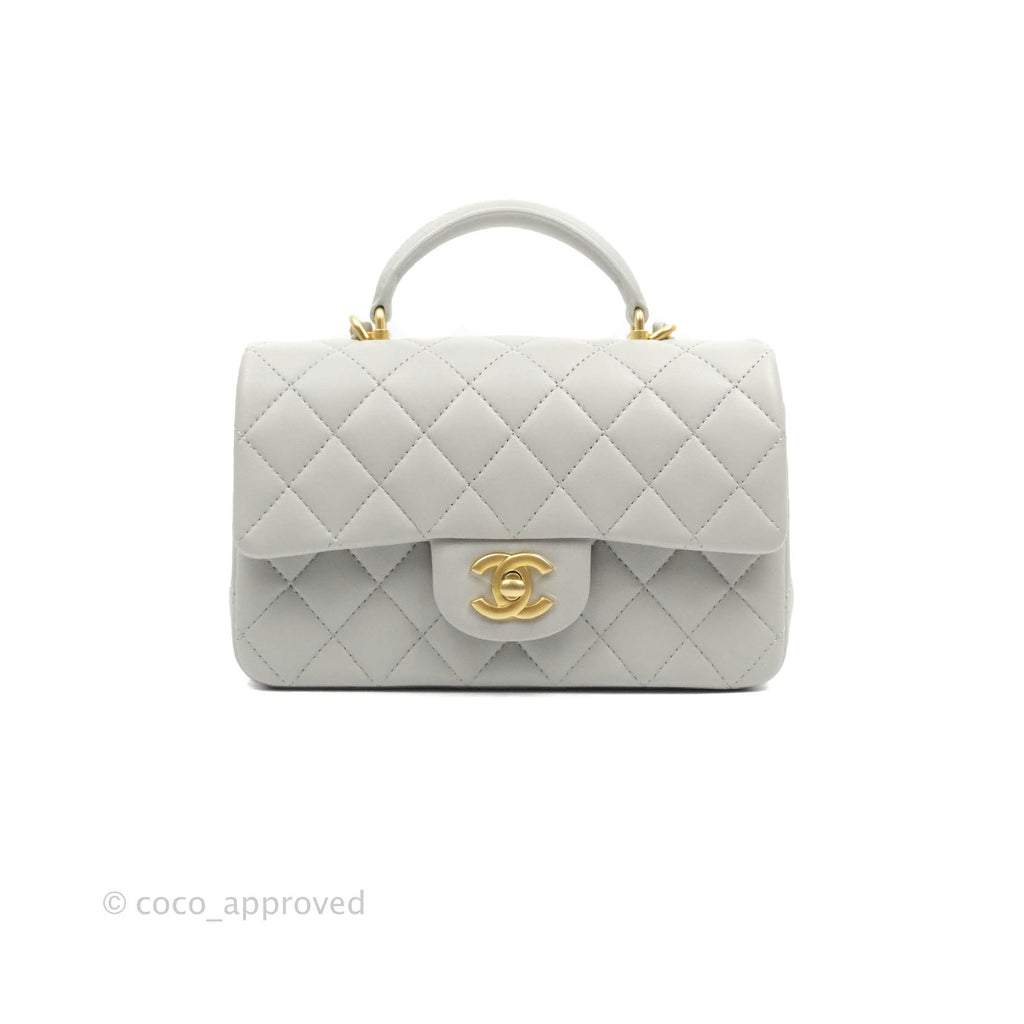 Chanel Top Handle Mini Rectangular Flap Bag Grey Lambskin Aged Gold Hardware