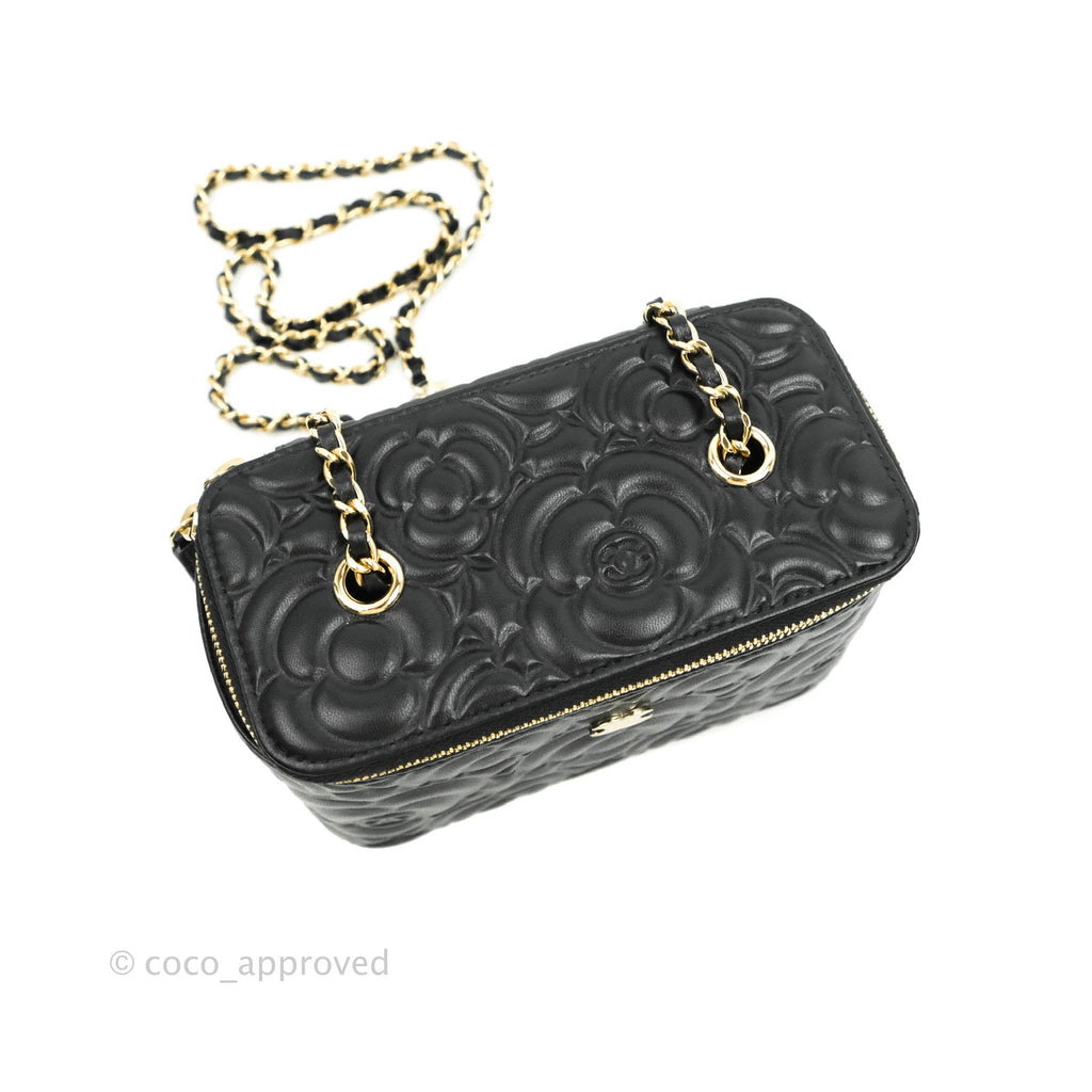 Chanel Vanity Rectangular Camellia Embossed Black Lambskin Gold Hardware