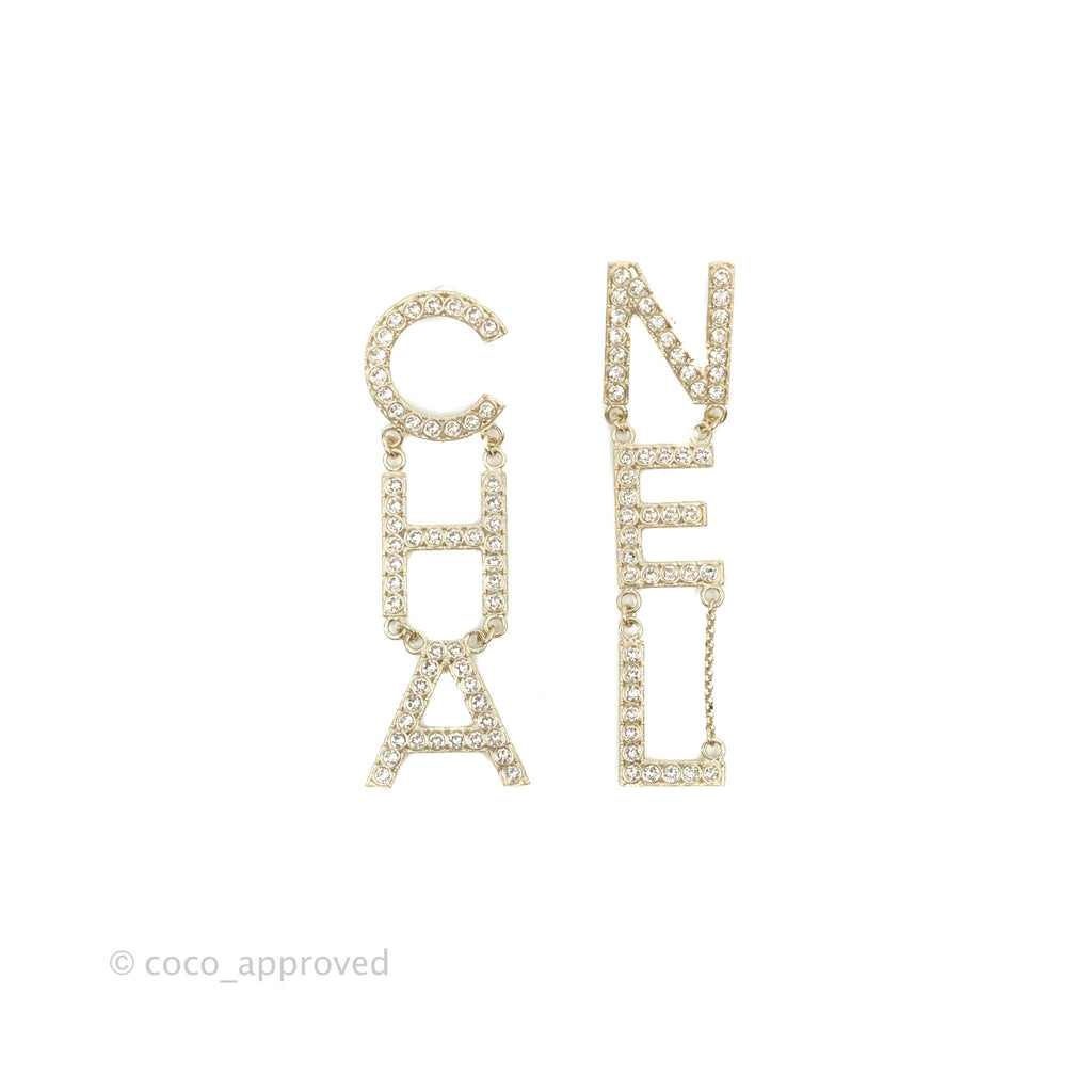 Chanel Crystal Cha-Nel Logo Drop Earrings Gold 20V