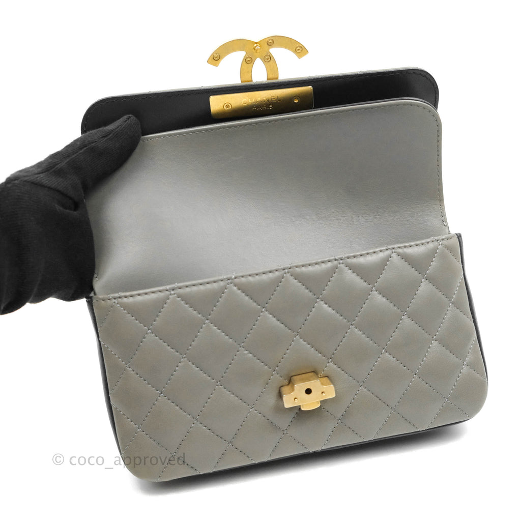 Chanel Small Enamel CC Flap Bag Quilted Grey & Dark Navy Lambskin Aged Gold Hardware