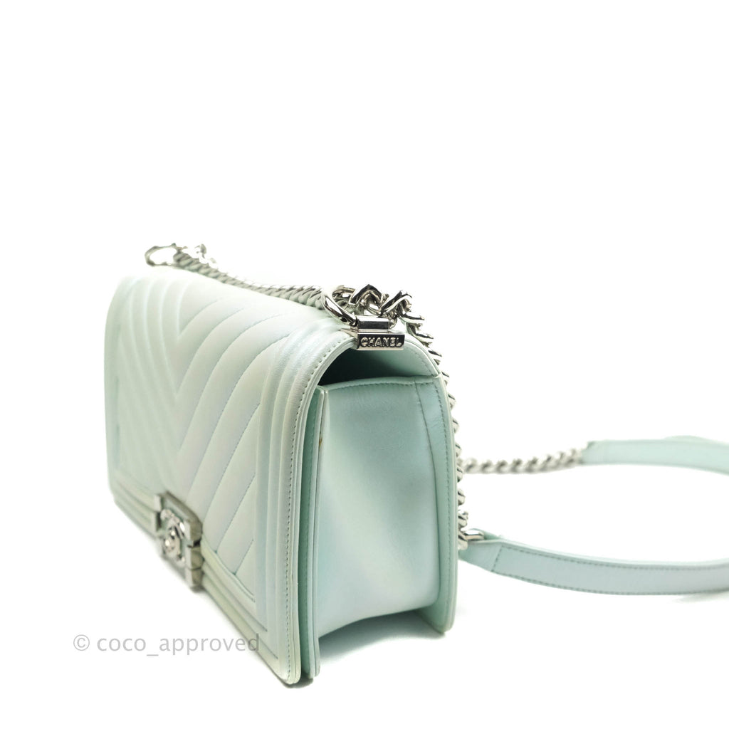 Chanel Medium Chevron Boy Iridescent Light Mint Calfskin Silver Hardware