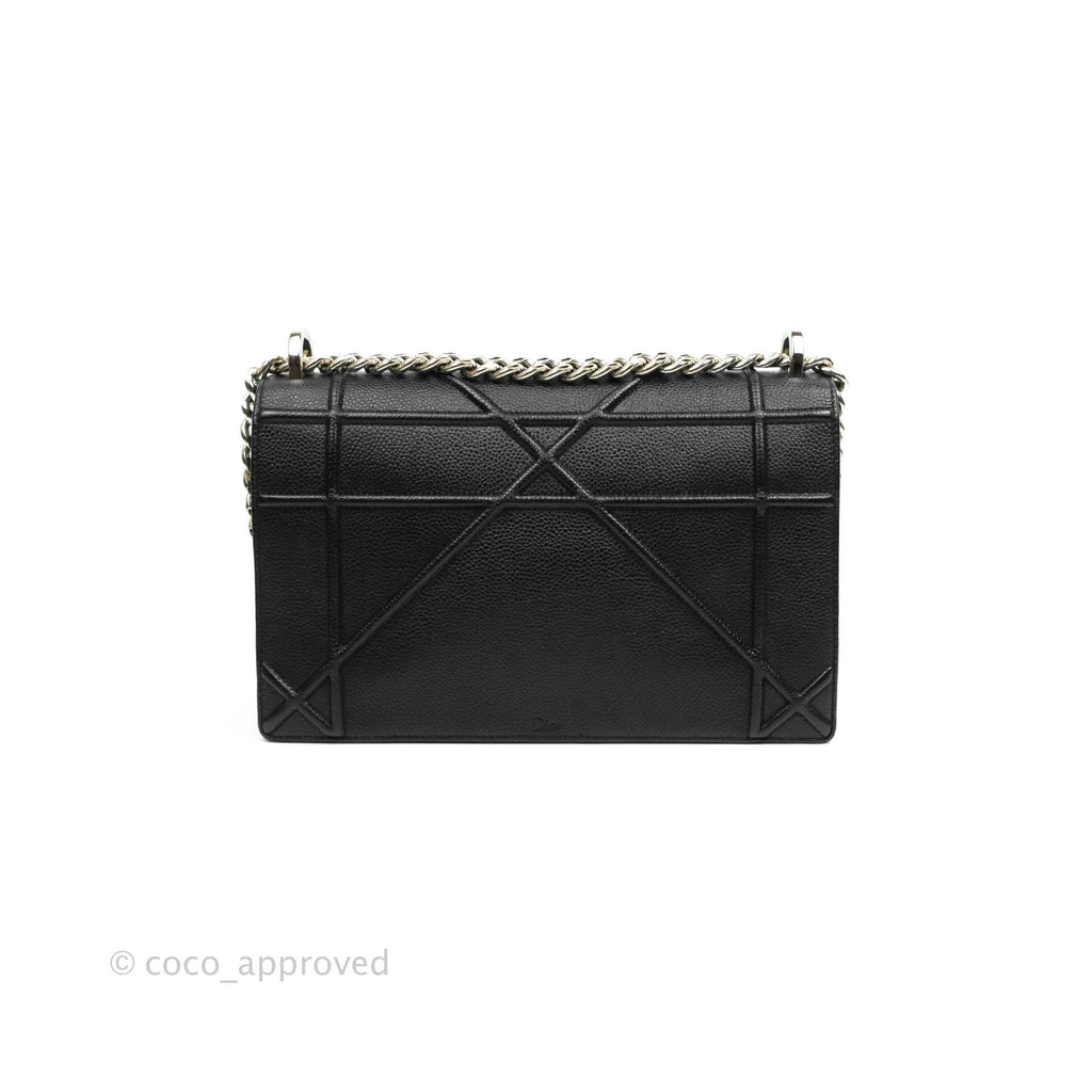 Christian Dior Diorama Medium Flap Shoulder Bag Black Grained Leather Silver Hardware