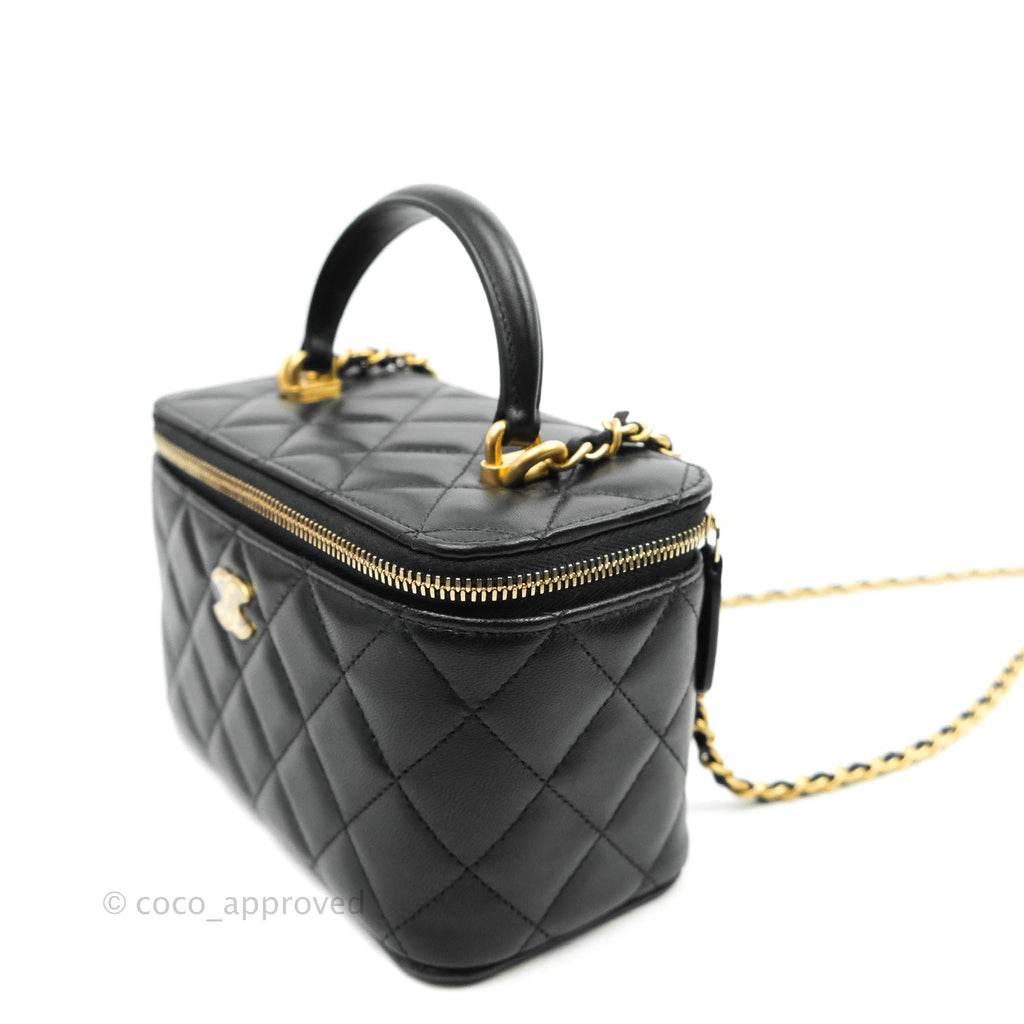 Chanel Classic Vanity Rectangular Top Handle With Chain Black Lambskin Aged Gold Hardware