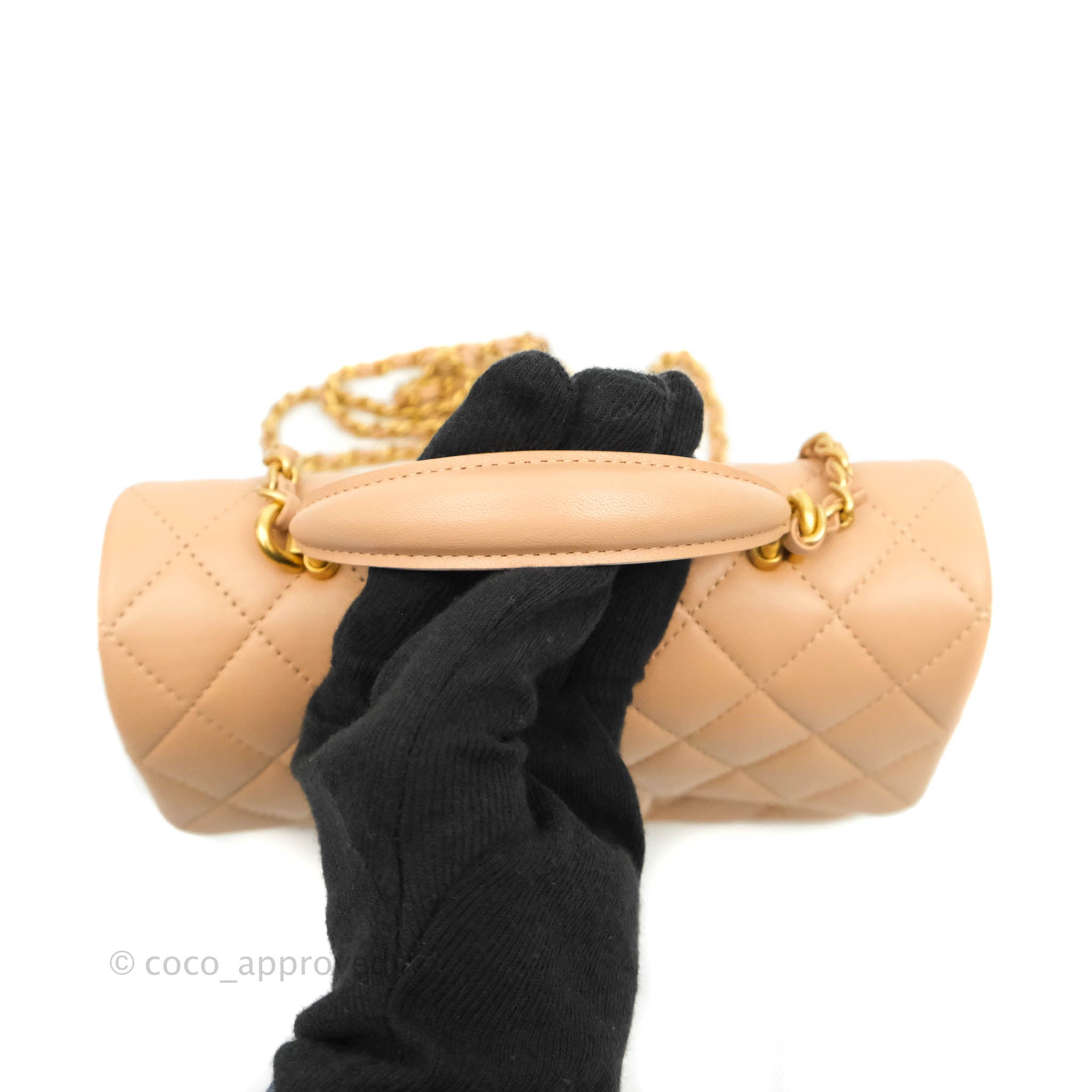 Chanel Beige Brown Quilted Bi-Color Lambskin Mini Top Handle