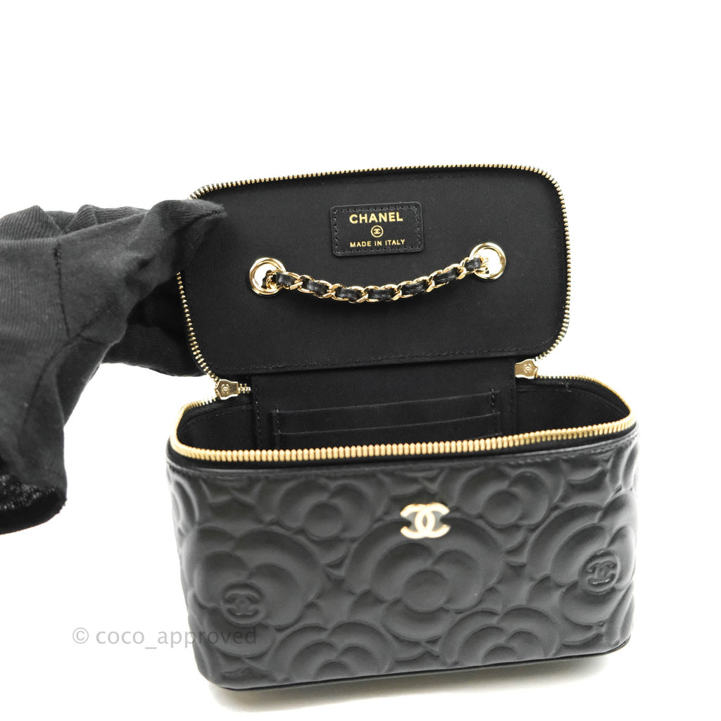 Chanel Vanity Rectangular Camellia Embossed Black Lambskin Gold Hardware