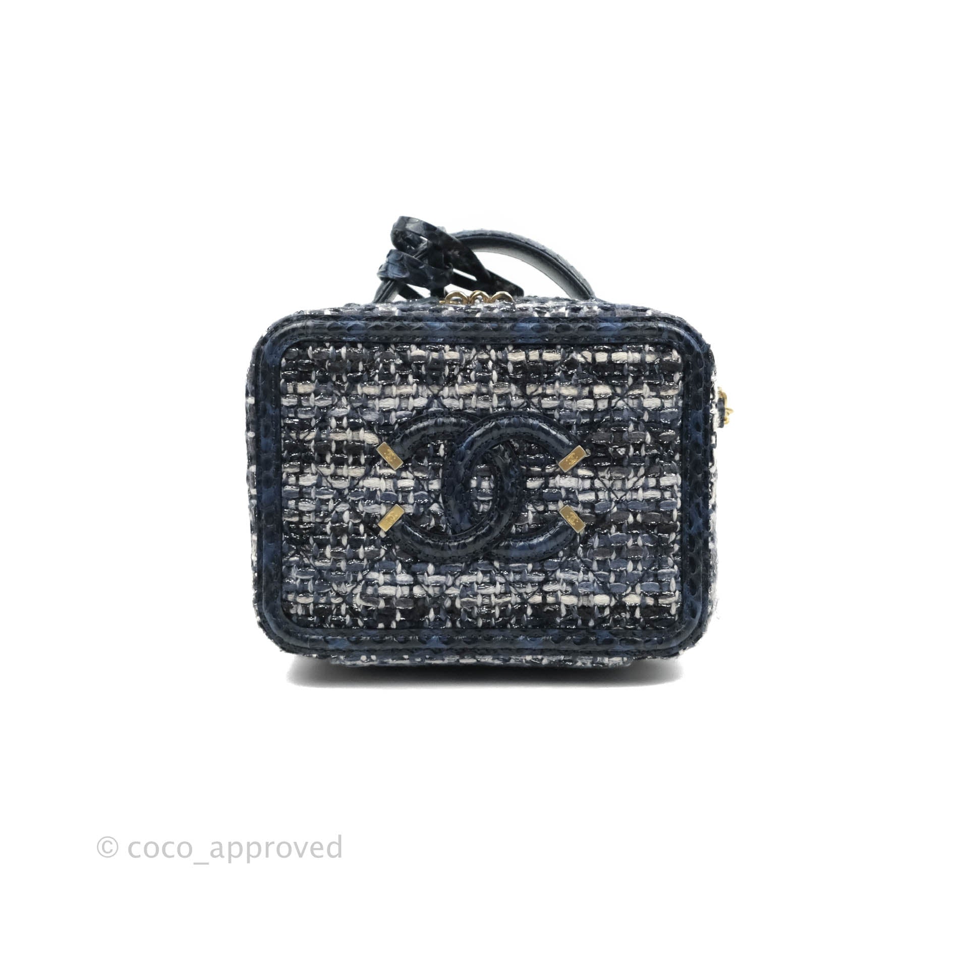 Chanel Quilted Small CC Filigree Vanity Case Navy Tweed Python
