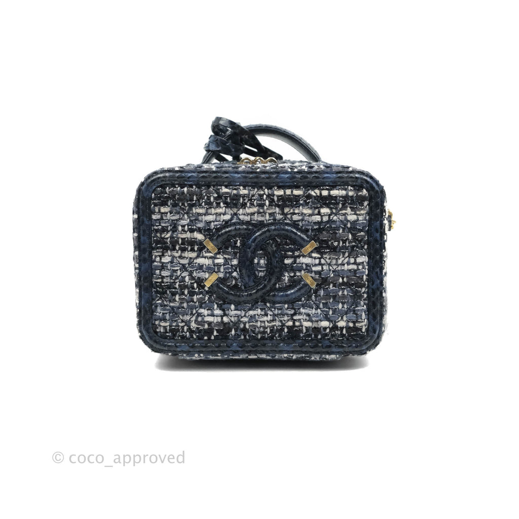 Chanel Quilted Small CC Filigree Vanity Case Navy Tweed Python Handle