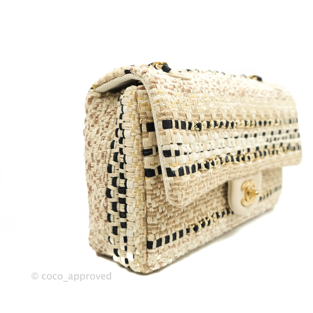 Chanel Classic M/L Medium Double Flap Beige Tweed Chain Braid Aged Gold Hardware 19P