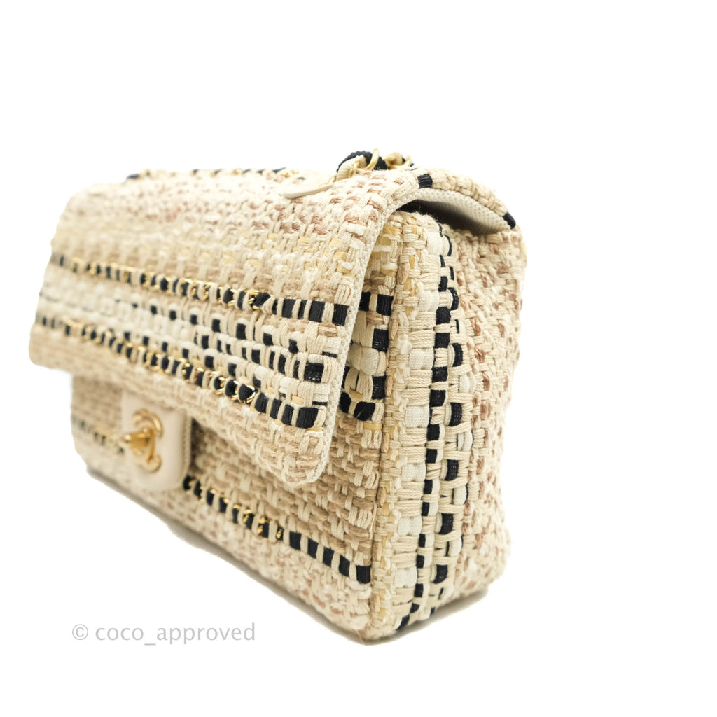 Chanel Classic M/L Medium Double Flap Beige Tweed Chain Braid Aged Gold Hardware 19P
