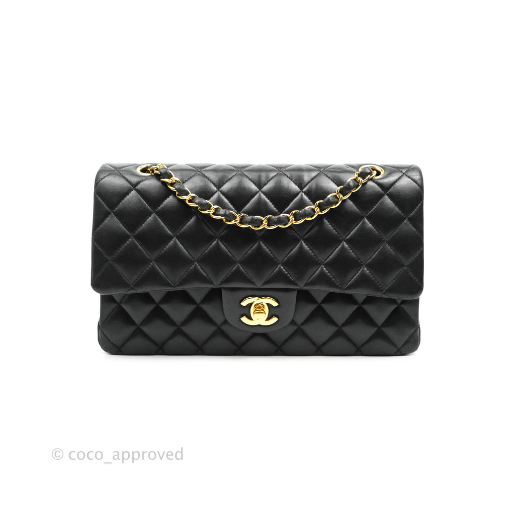 Chanel Classic M/L Medium Double Flap Black Lambskin Gold Hardware