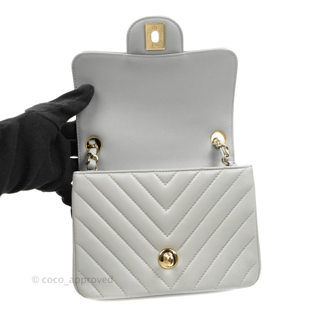 Chanel Mini Square Chevron Grey Lambskin Gold Hardware