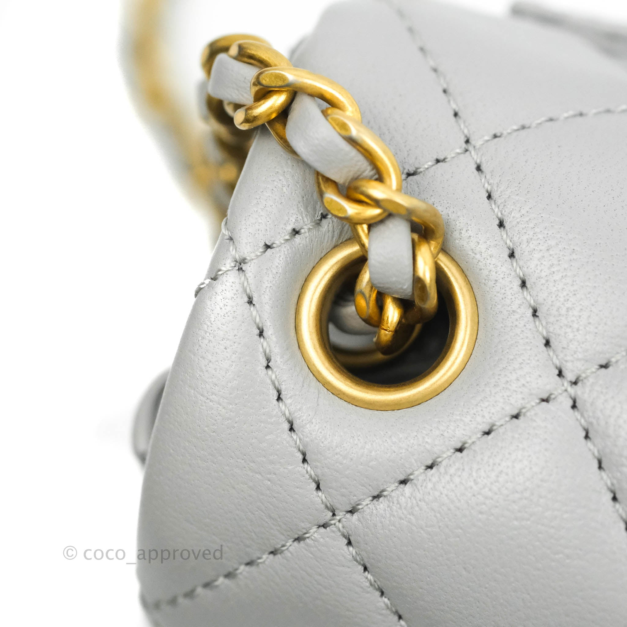 Chanel Mini Square Flap Bag With Pearl Crush Chain Beige - NOBLEMARS