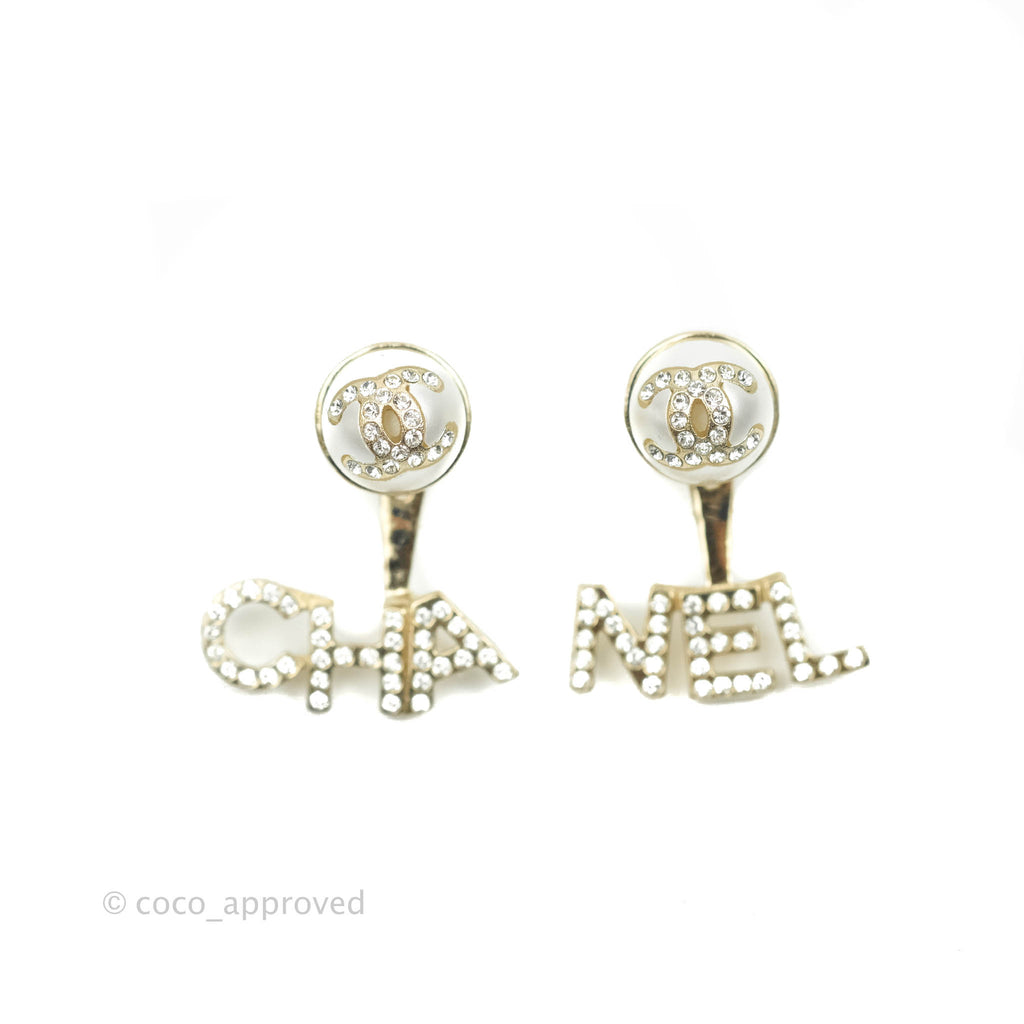 Chanel Pearl Rhinestone CC CHA-NEL Drop Earrings Gold Tone 21A