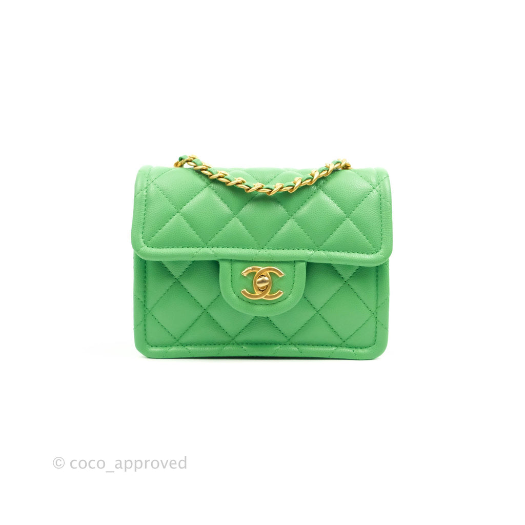 Chanel Mini Square Quilted Flap Green Caviar Aged Gold Hardware