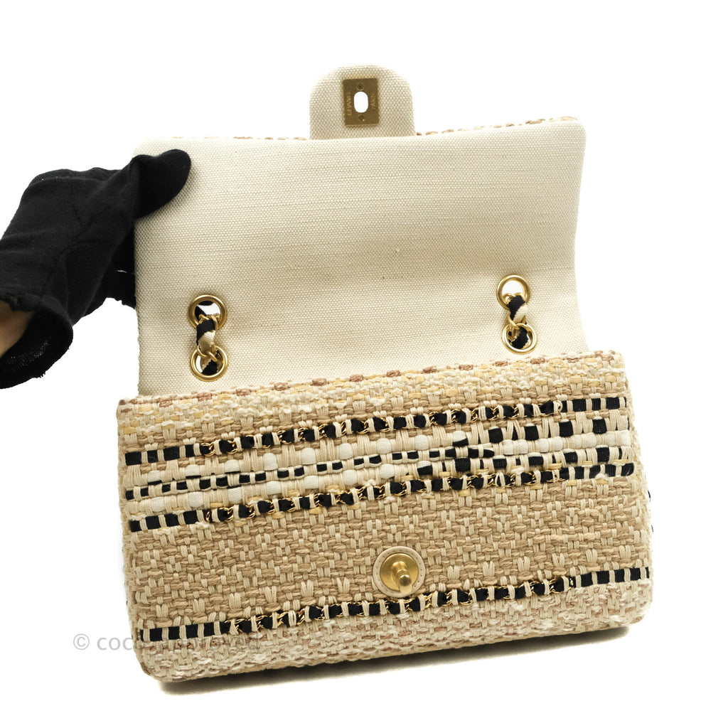 Chanel Classic M/L Medium Double Flap Beige Tweed Chain Braid Aged Gold Hardware 19P