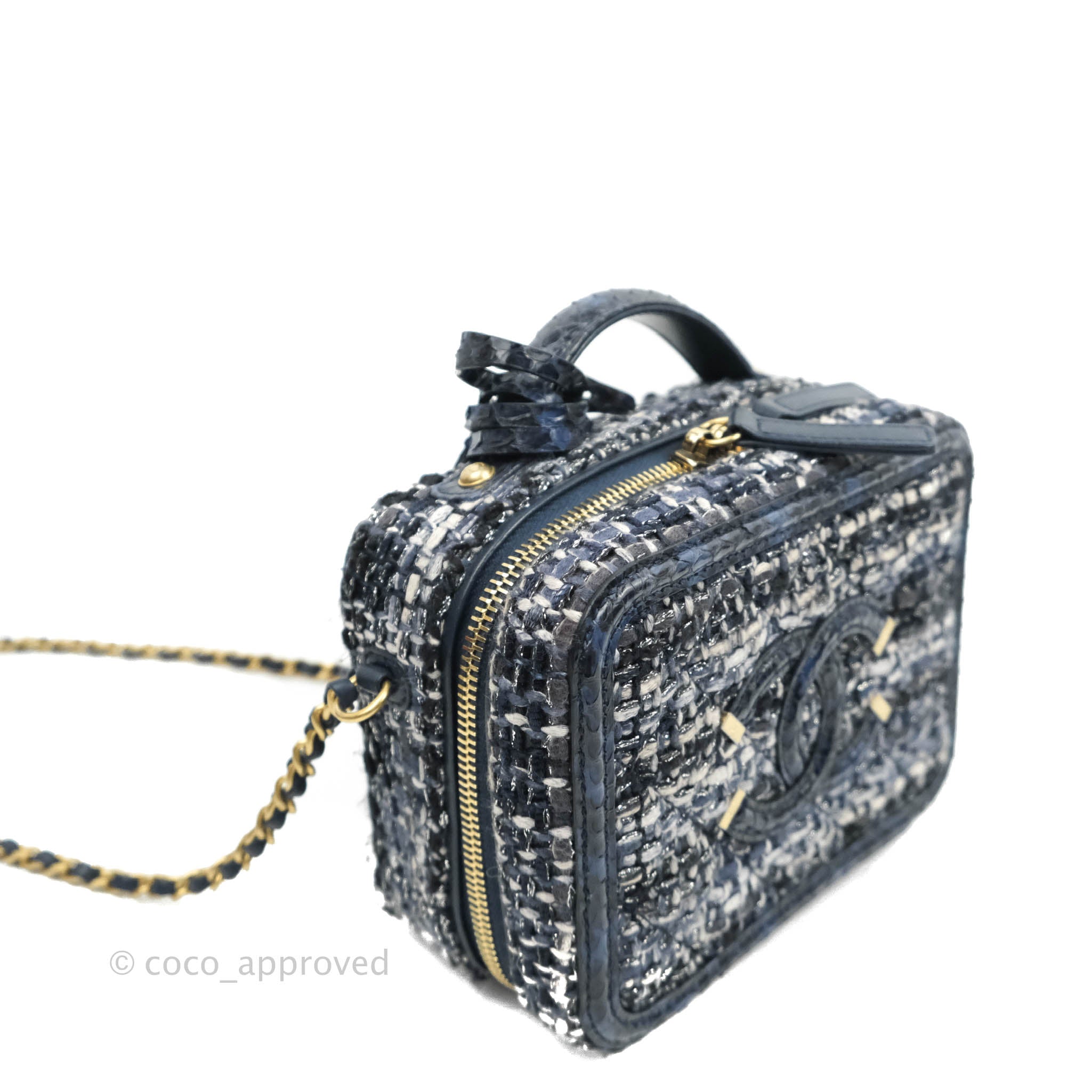 Chanel Quilted Small CC Filigree Vanity Case Navy Tweed Python